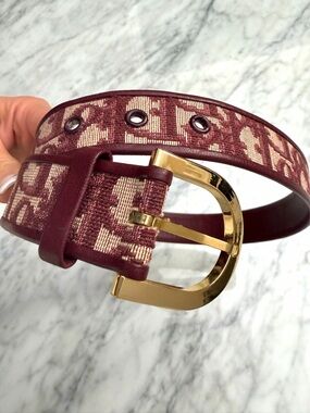 Vintage Christian Dior Belt Burgundy gold Buckle Monogram Trotter Logo 65 XS